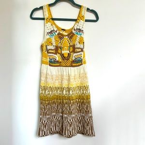 Mustard turquoise beaded crocheted mini dress
